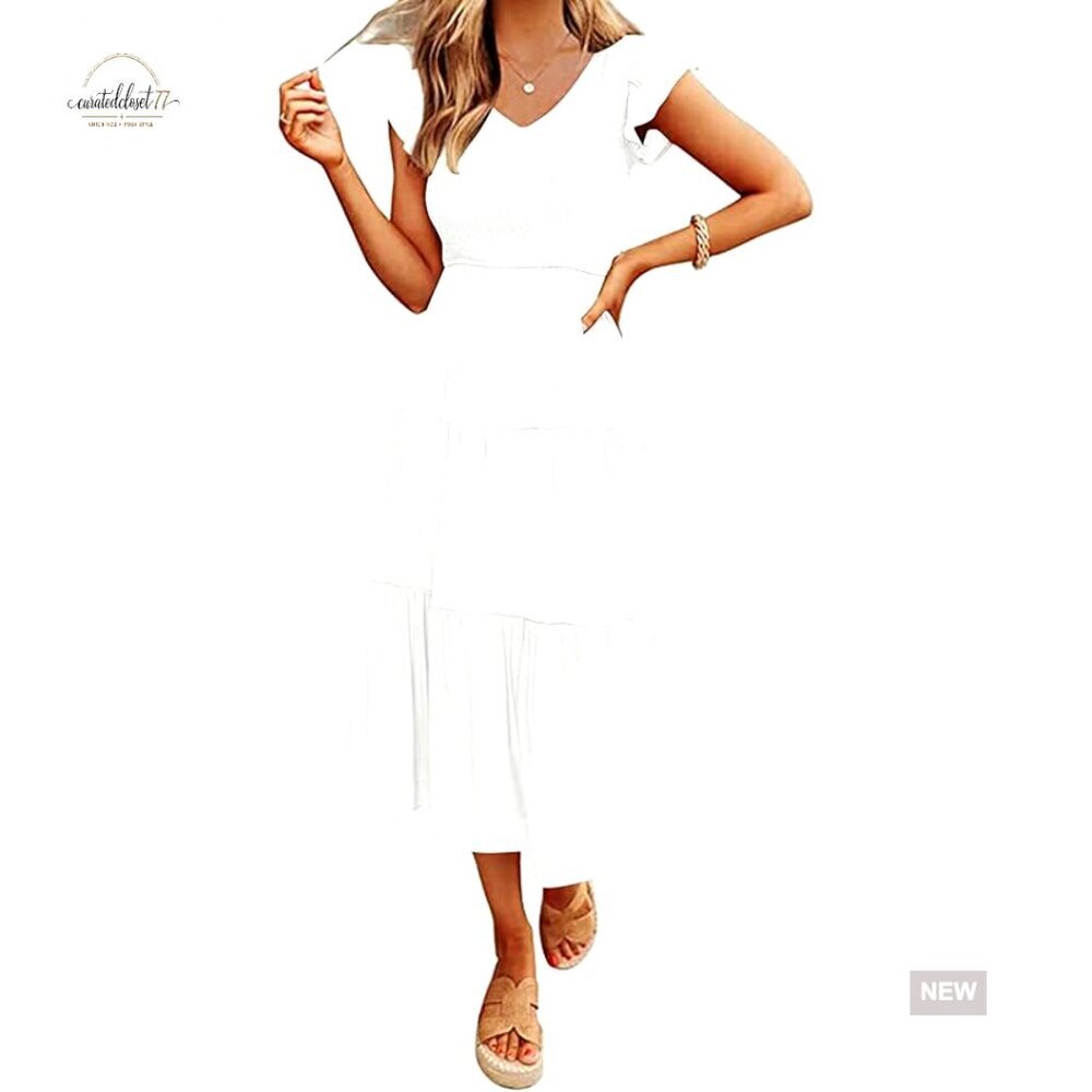 Midi Dress Flutter Sleeve V Neck Smocked Tiered Casual Beach Vacation